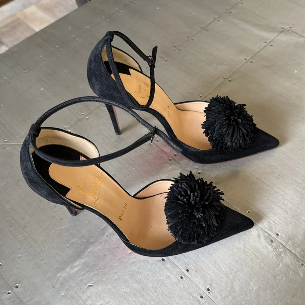 Christian Louboutin tsarou 100mm black suede stiletto pom Pom sz 38